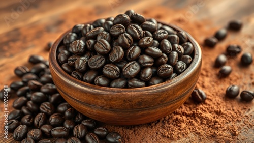 Aromatic Roasted Coffee Beans in a Rustic Wooden Bowl Surrounded by Ground Coffee