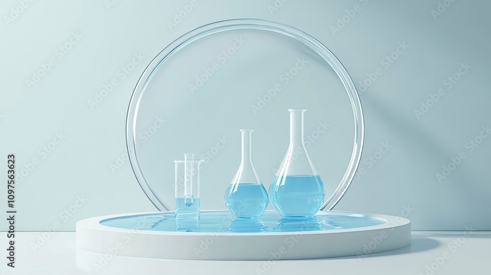 Front view of circle transparent podium and laboratory glassware filled with blue water. Empty area to display product. Front view of circle transparent podium and laboratory glassware filled with blue water. Empty area to display product.