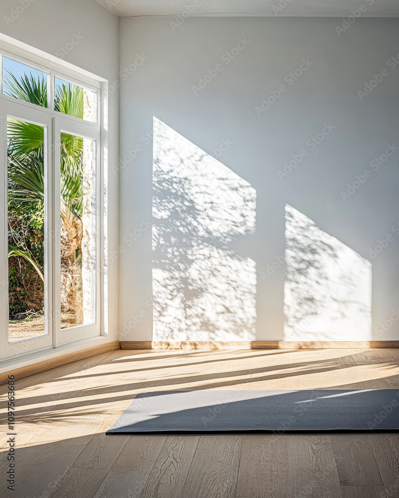 Fototapeta premium Natural sunlight creates beautiful shadows in a minimalist indoor space with a yoga mat