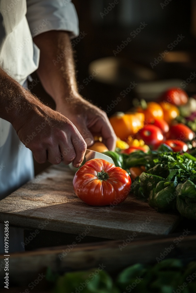 Fresh Farm Vegetables Being Sliced: Culinary Preparation with Colorful Ingredients for Healthy Cooking and Meal Prep Fresh Farm Vegetables Being Sliced: Culinary Preparation with Colorful Ingredients for Healthy Cooking and Meal Prep