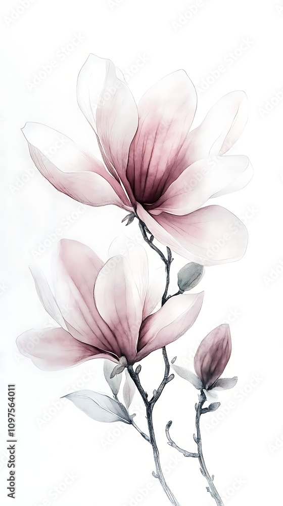 Obraz premium A delicate illustration of pink magnolia flowers on a white background.