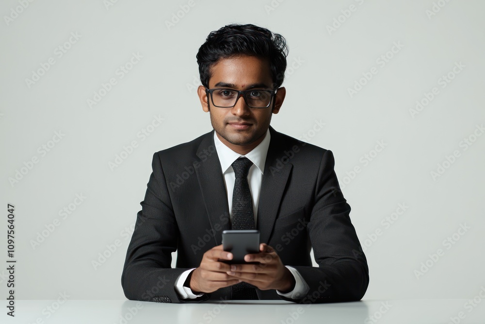 Young Indian professional in stylish suit, sitting at desk, Young Indian professional in stylish suit, sitting at desk,