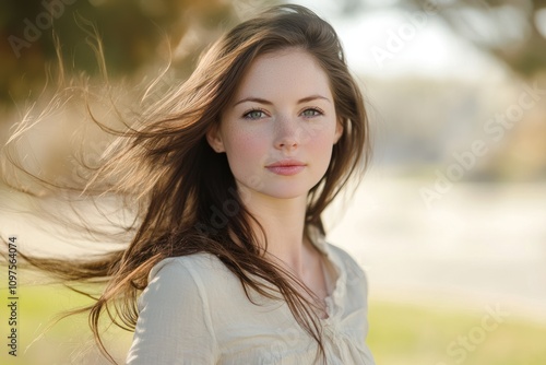 Young woman portrait with long hair flowing,