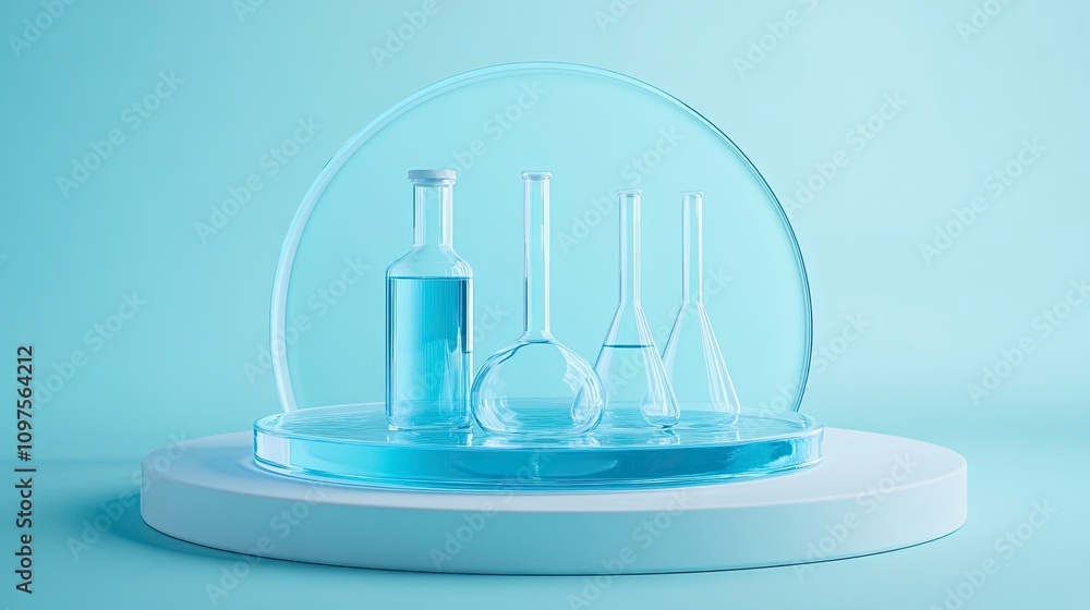 Front view of circle transparent podium and laboratory glassware filled with blue water. Empty area to display product. Front view of circle transparent podium and laboratory glassware filled with blue water. Empty area to display product.