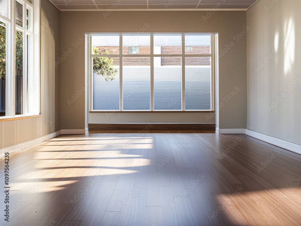 Fototapeta premium Spacious sunlit room with large windows and wooden flooring in a modern interior setting