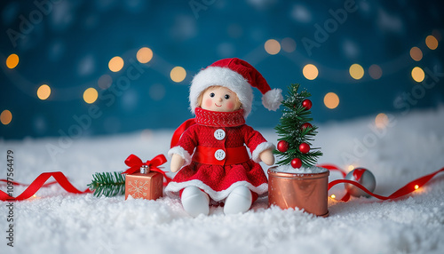  A doll dressed as Santa Claus sits on a snow-covered ground, surrounded by a wintery landscape.