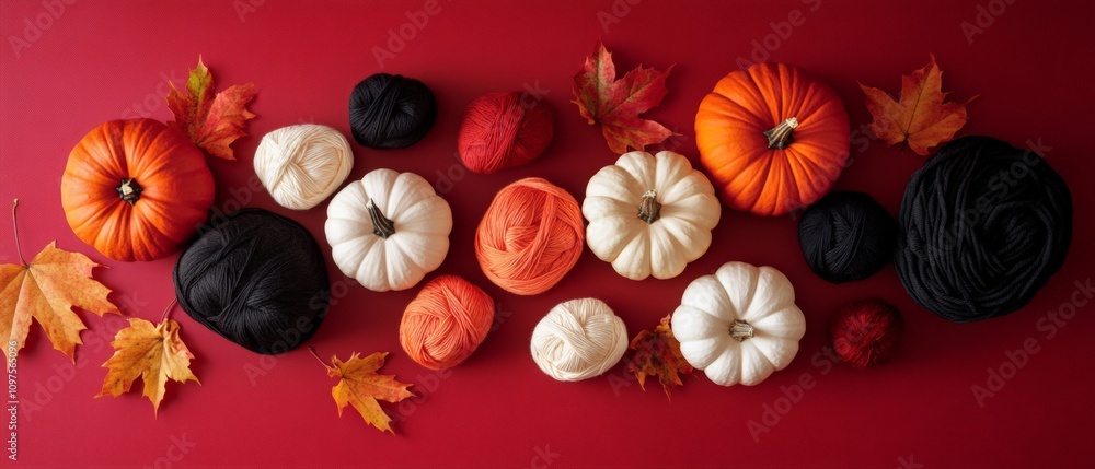 Fototapeta premium Autumn Harvest Decor: Colorful Pumpkins and Leaves on a Red Background for Fall Celebration and Seasonal Home Decoration Ideas