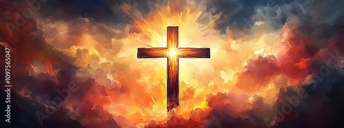 A cross radiating light, symbolizing the power of God's love and reflection on Easter, with an abstract background of clouds in warm colors.