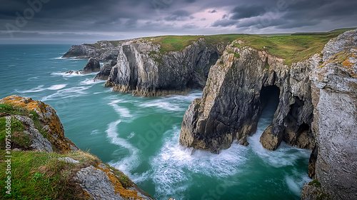 A dramatic coastline with rugged cliffs, sea caves, and waves crashing below under a moody gray sky 