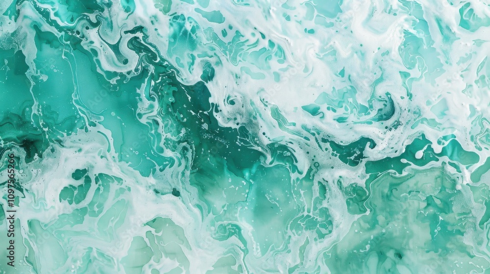 Obraz premium A delicate spatter of seafoam green and turquoise paint creates a serene scene on the canvas reminiscent of ocean waves.