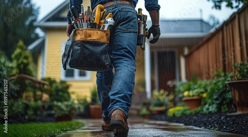 A photo of an electrician wearing blue jeans and work boots