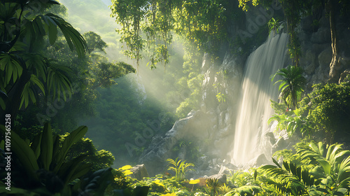 A dense rainforest with sunlight filtering through the canopy, highlighting vibrant green foliage and a cascading waterfall 