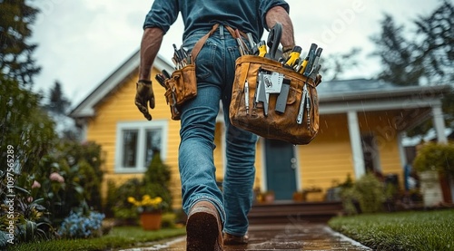 A photo of an electrician wearing blue jeans and work boots