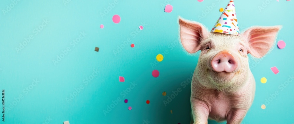 A cheerful pig wearing a party hat surrounded by colorful confetti on a bright background. A cheerful pig wearing a party hat surrounded by colorful confetti on a bright background.
