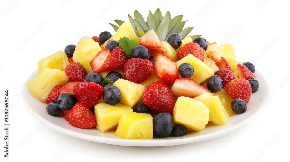 A plate of colorful fruit salad with chunks of pineapple, strawberries, blueberries A plate of colorful fruit salad with chunks of pineapple, strawberries, blueberries