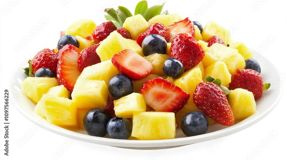 A plate of colorful fruit salad with chunks of pineapple, strawberries, blueberries A plate of colorful fruit salad with chunks of pineapple, strawberries, blueberries