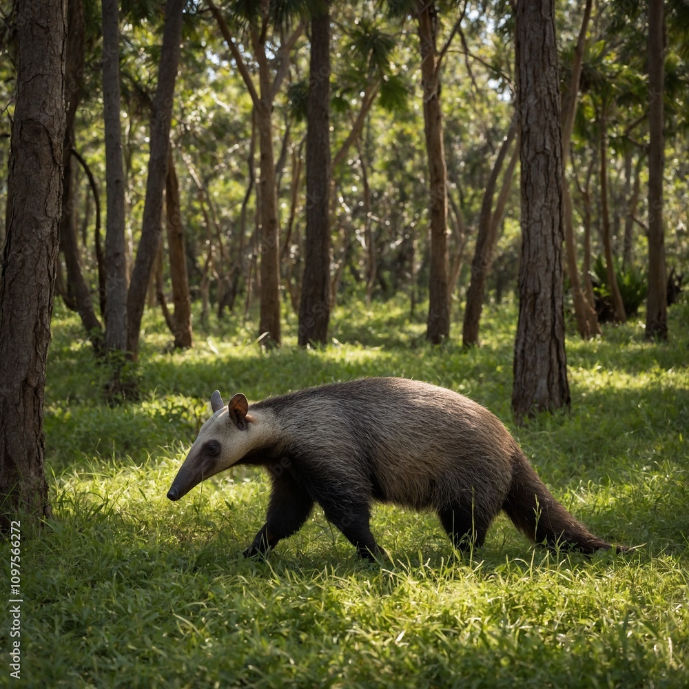 Fototapeta premium An anteater walking through a grassy forest floor under the shade of towering trees.