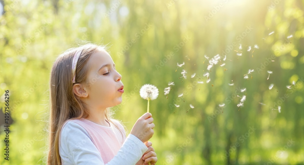 Child Blowing Dandelion Seeds in Sunny Park Child Blowing Dandelion Seeds in Sunny Park
