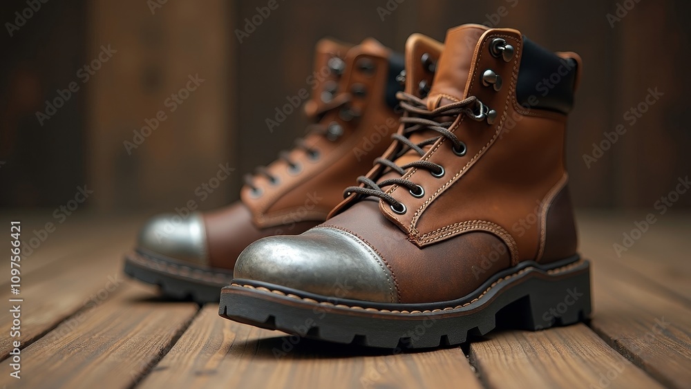 Detailed shot of rugged brown work boots with steel toe on wooden floor, perfect for industrial environments Detailed shot of rugged brown work boots with steel toe on wooden floor, perfect for industrial environments