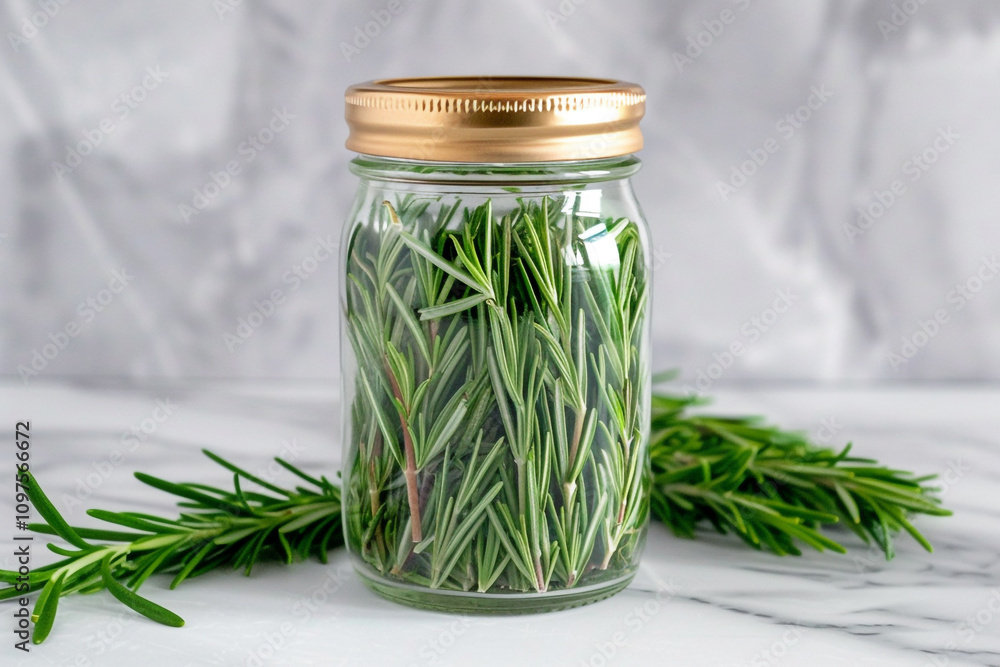 A Glass Jar of Dried Rosemary Leaves with Fresh Rose A Glass Jar of Dried Rosemary Leaves with Fresh Rose