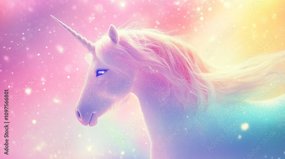 Naklejka premium Majestic unicorn surrounded by a vibrant pastel cosmic background