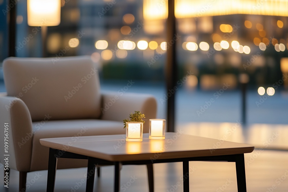 Cozy lounge area with armchair, coffee table, and illuminated cubes at night. Cozy lounge area with armchair, coffee table, and illuminated cubes at night.