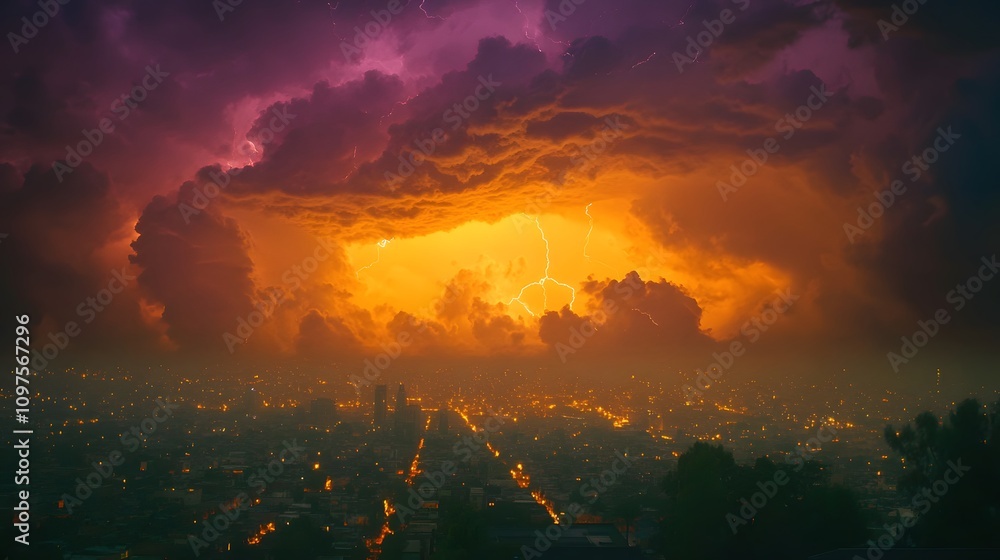 Naklejka premium Dramatic thunderstorm illuminating the night sky over a vibrant cityscape.