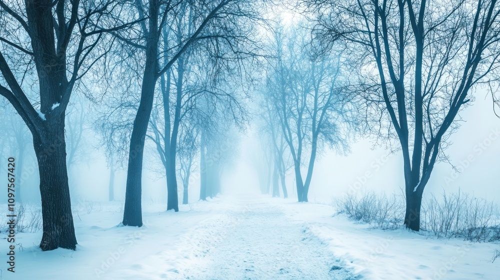 A serene winter pathway through a foggy forest, evoking tranquility and solitude. A serene winter pathway through a foggy forest, evoking tranquility and solitude.
