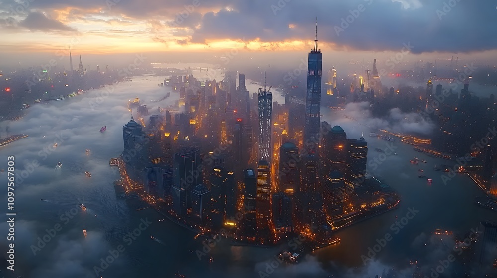 Fototapeta premium Aerial view of a vibrant city skyline at twilight, showcasing stunning skyscrapers and river.