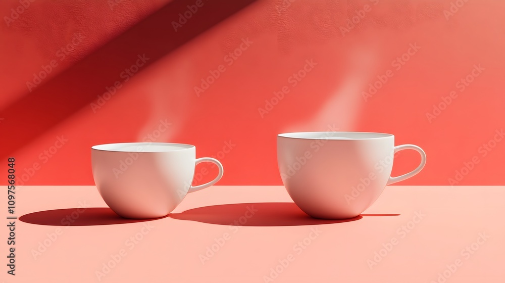Two steaming white cups on a coral background, creating a warm and inviting atmosphere. Two steaming white cups on a coral background, creating a warm and inviting atmosphere.