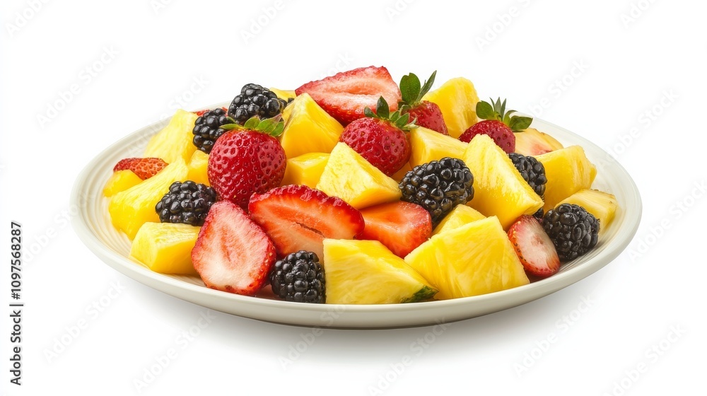 A plate of colorful fruit salad with slices of mango, pineapple, kiwi A plate of colorful fruit salad with slices of mango, pineapple, kiwi