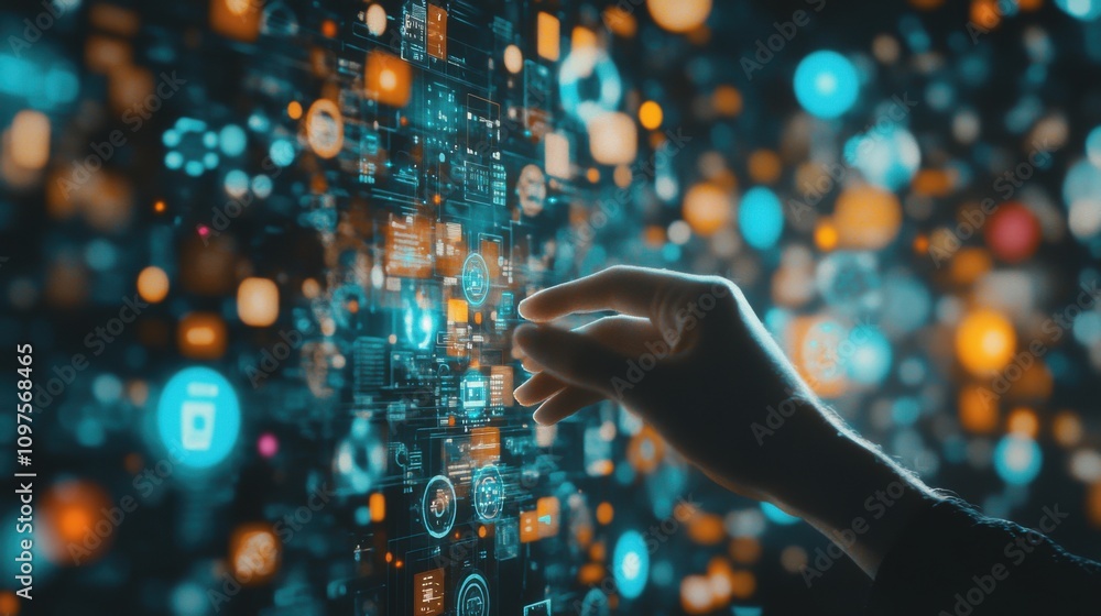 Futuristic Hand Interaction with Digital Interface Representing Data and Technology in a Vibrant, Colorful, and Abstract Environment Futuristic Hand Interaction with Digital Interface Representing Data and Technology in a Vibrant, Colorful, and Abstract Environment