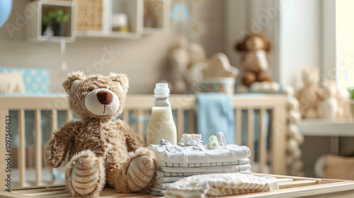 Wooden Toys and Baby Supplies: A changing table with wooden toys, a bear, shoes, and baby supplies, with space for text about baby care.