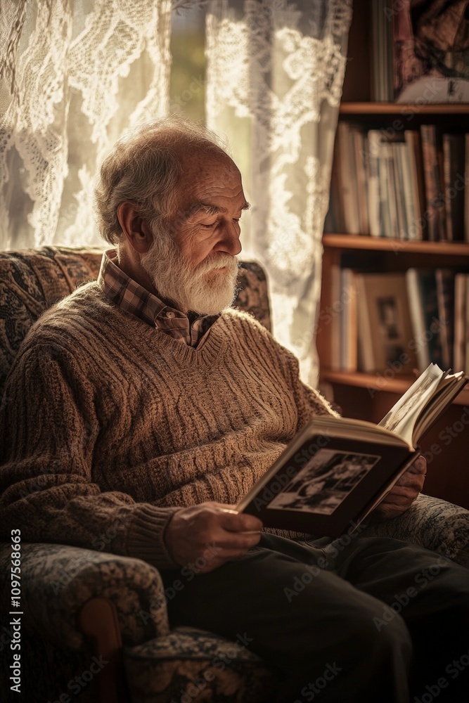 Senior Man Reading Nostalgic Photo Album in Cozy Living Room with Soft Natural Light - Relaxed Moments of Reflection and Memory Senior Man Reading Nostalgic Photo Album in Cozy Living Room with Soft Natural Light - Relaxed Moments of Reflection and Memory