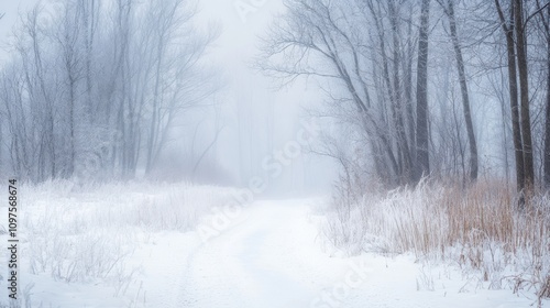 A serene winter landscape with a snow-covered path and foggy trees.