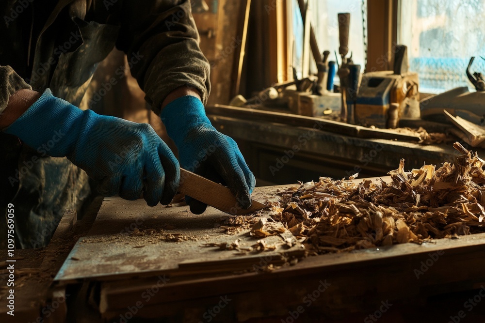 Skilled Woodworker Using Hand Tools to Shape Timber, Creating Shavings in Cozy Workshop, Craftsmanship and Artisanal Techniques Focused on Quality Skilled Woodworker Using Hand Tools to Shape Timber, Creating Shavings in Cozy Workshop, Craftsmanship and Artisanal Techniques Focused on Quality