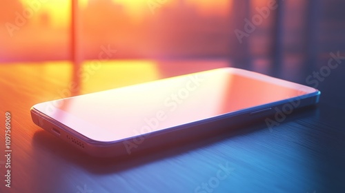 Blank smartphone mockup lying flat with creative lighting effects highlighting its clean design