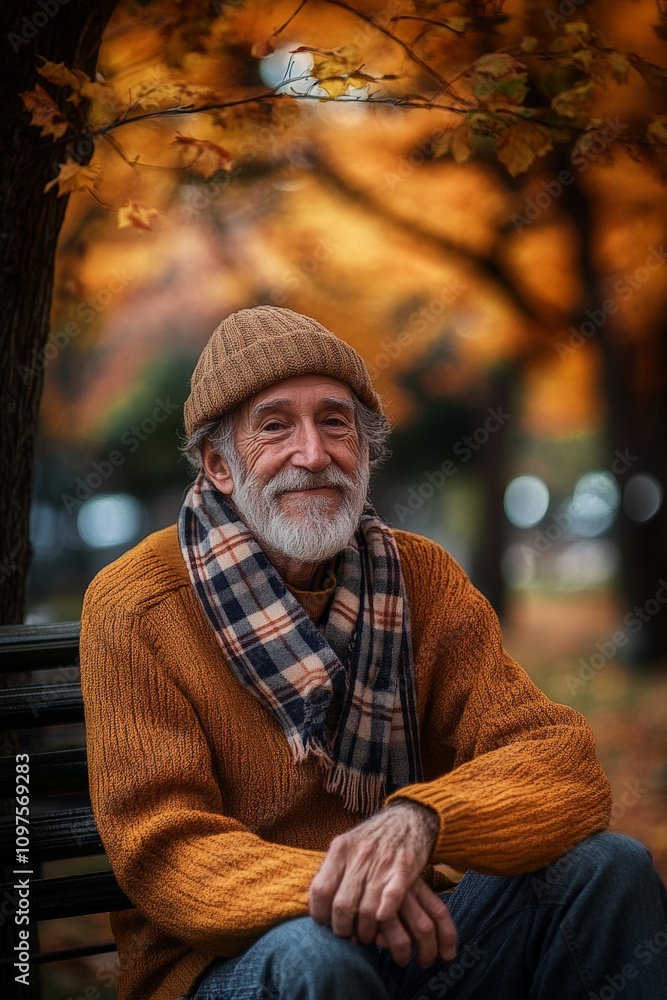 Smiling elderly man in warm sweater and hat sitting on a park bench surrounded by autumn foliage, showcasing a joyful moment in nature. Smiling elderly man in warm sweater and hat sitting on a park bench surrounded by autumn foliage, showcasing a joyful moment in nature.