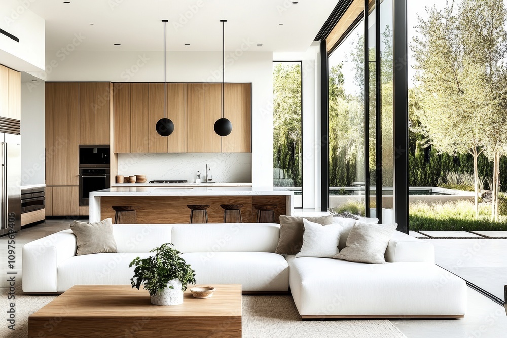 Fototapeta premium Modern Minimalist Apartment Living Room Kitchen with Large Windows and Natural Light