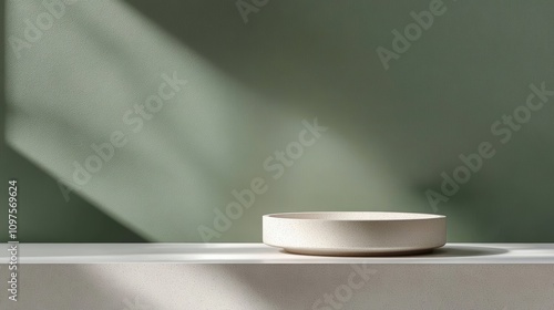 Minimalist Round White Ceramic Dish on Light Marble Surface Against Muted Green Wall with Soft Shadows