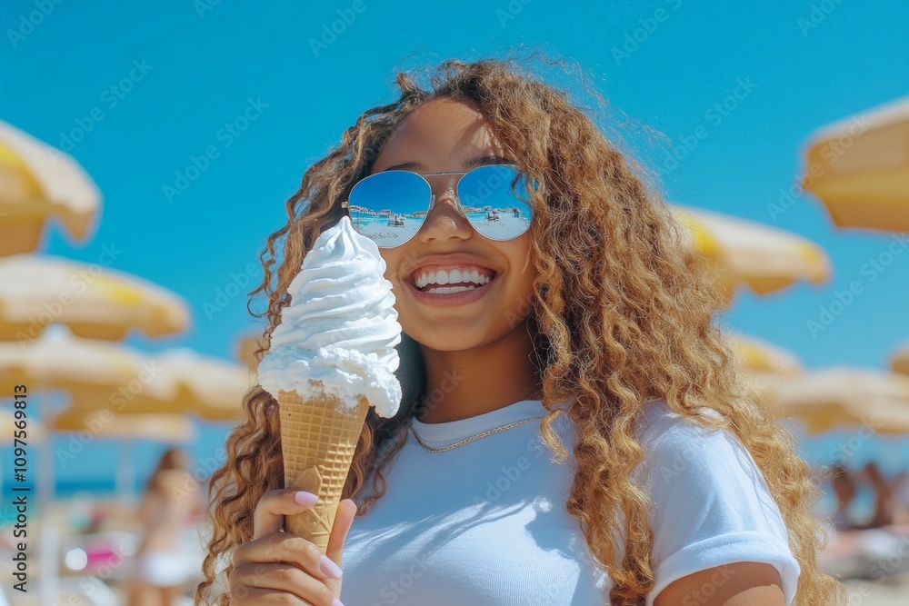 Smiling Woman Enjoying Ice Cream on a Sunny Beach Day with Sunglasses and Umbrellas in the Background - Summer Vibes and Fun Smiling Woman Enjoying Ice Cream on a Sunny Beach Day with Sunglasses and Umbrellas in the Background - Summer Vibes and Fun