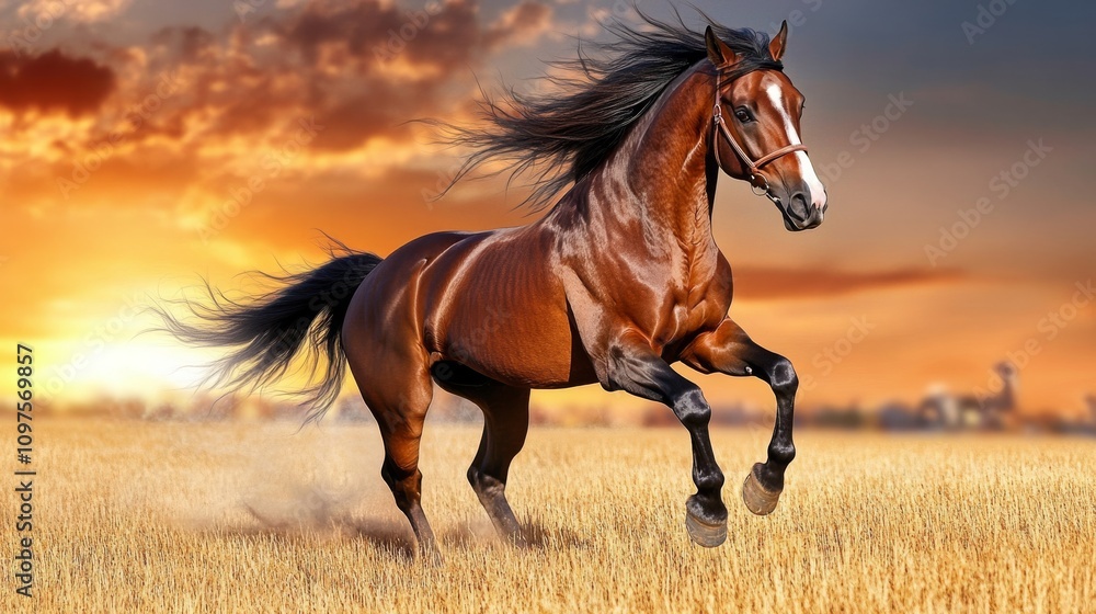 Majestic horse galloping across golden field at Majestic horse galloping across golden field at