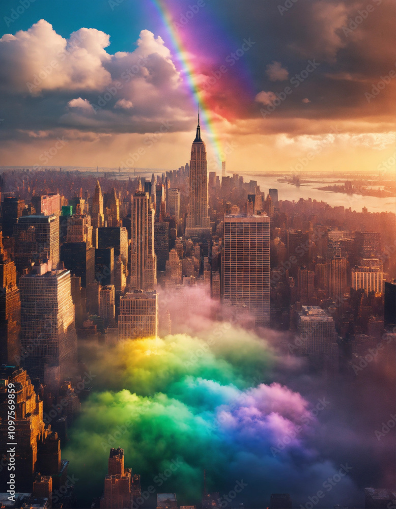 Rainbow on a New York City floating on clouds, sharp focus, trending on ...