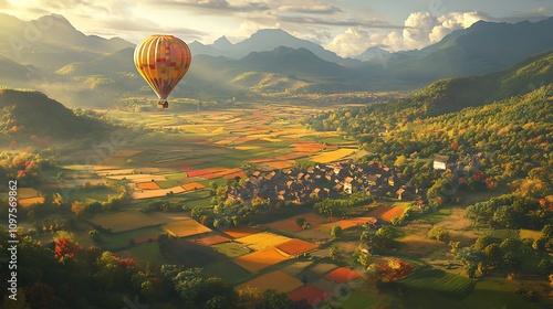  A hot air balloon floating over a picturesque valley filled with colorful fields and villages photo