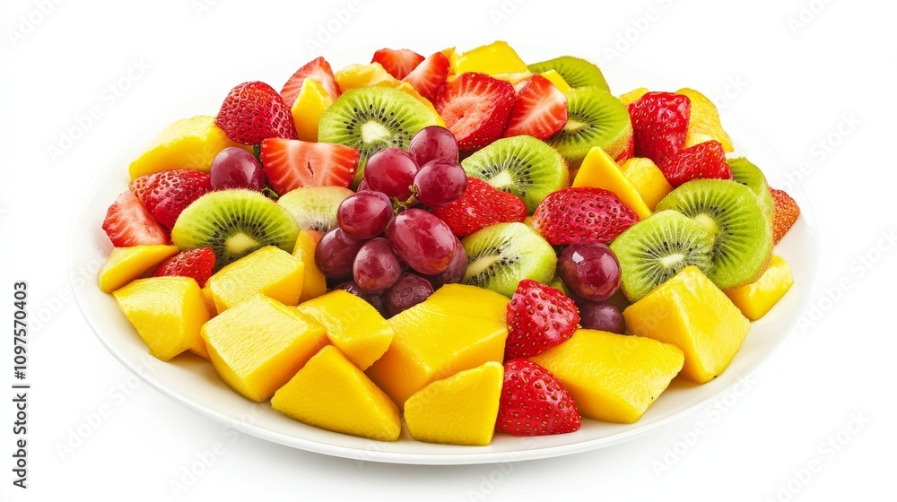 A plate of colorful fruit salad with slices of mango, strawberries, grapes A plate of colorful fruit salad with slices of mango, strawberries, grapes
