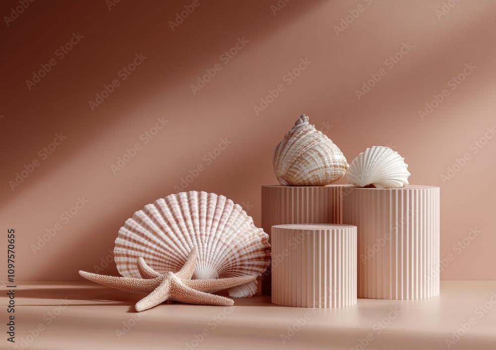 Minimalist Pastel Shells Arrangement on Soft Brown Surface for Beauty Product Display Minimalist Pastel Shells Arrangement on Soft Brown Surface for Beauty Product Display