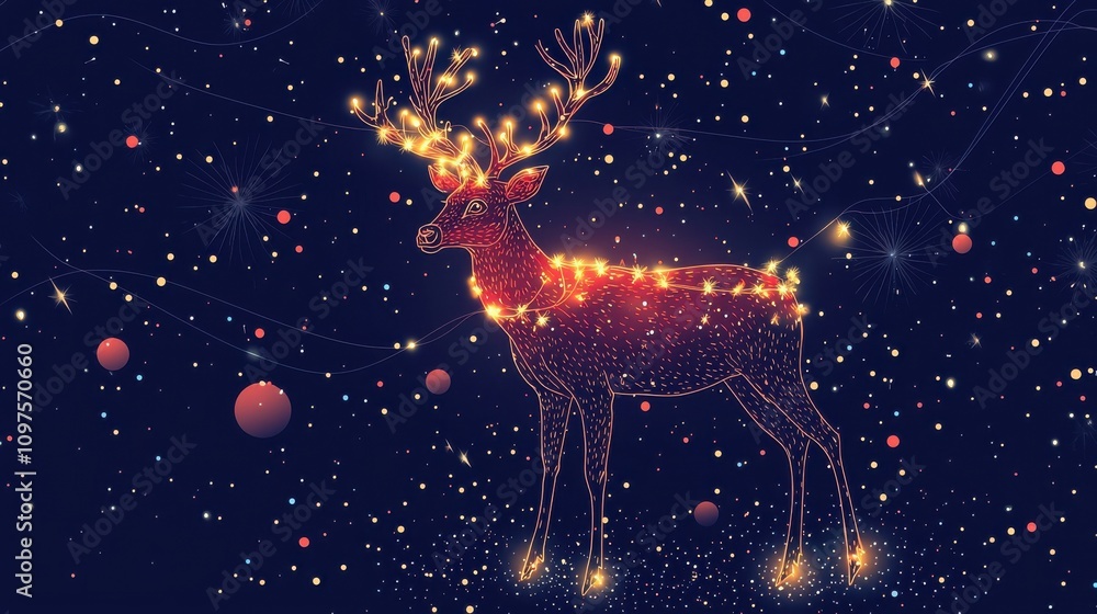 A whimsical illuminated deer adorned with bright lights, set against a starry night sky, evoking a festive and magical atmosphere. A whimsical illuminated deer adorned with bright lights, set against a starry night sky, evoking a festive and magical atmosphere.