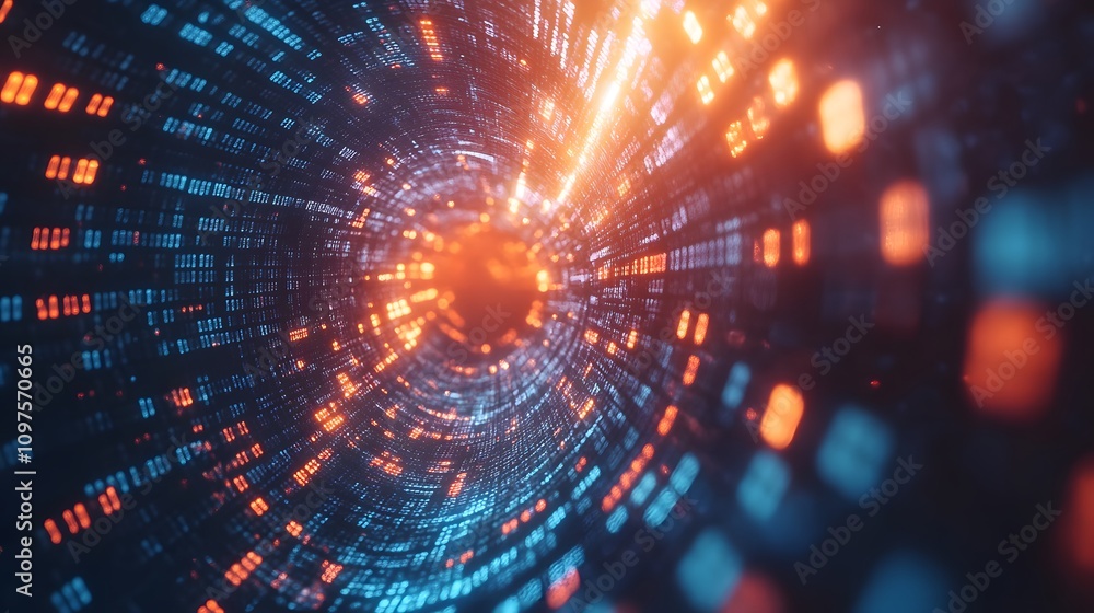 Obraz premium Abstract digital tunnel with glowing blue and orange data streams.