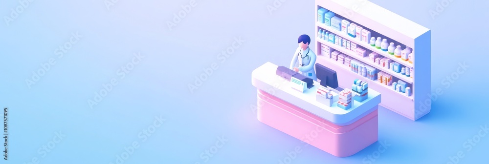 A stylized pharmacy scene with a pharmacist at a counter and shelves filled with products. A stylized pharmacy scene with a pharmacist at a counter and shelves filled with products.