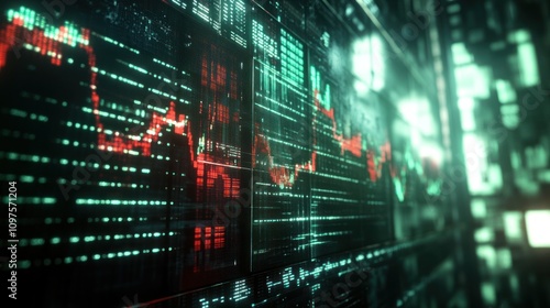 Futuristic stock market data displayed on a digital screen showing red and green graphs and numbers.